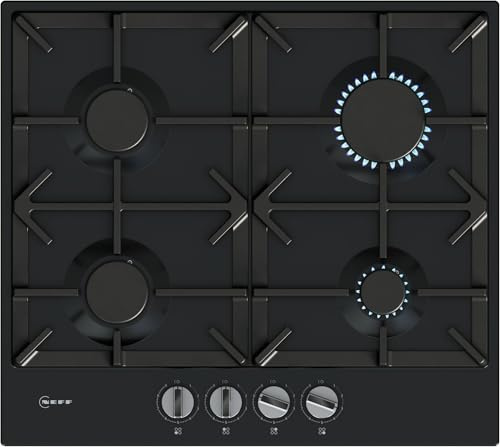 NEFF N70 T26CIP8N0 60cm Gas Hob, 4 burners, Optimised FlameSelect, Silver | 2 Dishwasher suitable cast iron pan supports, Detachable metallic sword dials