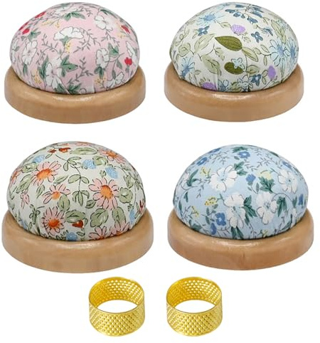 XFSRG 4 Almohadilla de Costura con Base Madera y 2 Dedales Metálicos Cojín Aguja Madera Redondo Alfiletero de Alfileres Floral Alfileteros Costura Bordado Accesorios Kit 6 Piezas (Set2)