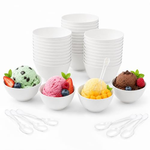 HYZYWON Vasos de Helado, 25/50 Vasitos para Helados con Cucharas, Tarrinas para Helados Desechables de Papel para Helado, Cuencos para Postres, Yogur, Fruta y Fiesta (50, F)