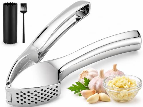 KANDONEX Knoblauchpresse Silber aus Zinklegierung mit ergonomischen Griffen | Robuste Knoblauchpresse aus Zinklegierung mit Silikonschäler für Knoblauch und Ingwer sowie ergonomischer Hebelwirkung im Set