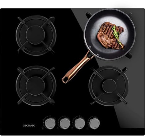 Cecotec Placa de Gas 4 Fuegos Bolero Squad GN 4200S Glass Black. 8kW, Preparada para Gas Natural, Cristal Negro, Parrillas Individuales de Hierro Fundido, Quemador Wok, Seguridad Válvulas