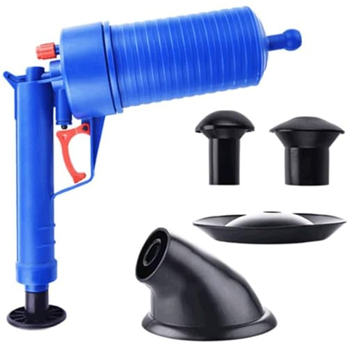 Sturatubi Professionale ad Alta Pressione, Pistola Sturalavandini Pneumatica con 4 Ventose, Pompa a Pressione per WC, Lavandino, Vasca e Scarichi Intasati, Senza Agenti Chimici, Blu