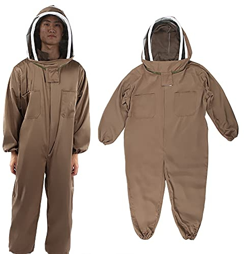 BTOSEP Biodlingsdräkt, ljusbrun, mjuk skyddande birock av polyesterbomull med dragkedja för biodlare – storlek L, XL, XXL, #711, L