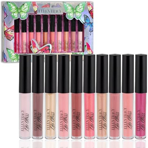 Enchante Ellen Tracy 10 Pc Lip Gloss Collection, Shimmery Lip Glosses for Women and Girls, Long Lasting Lip Gloss Set with Rich Varied Colors, Great Holiday and Birthday Gift