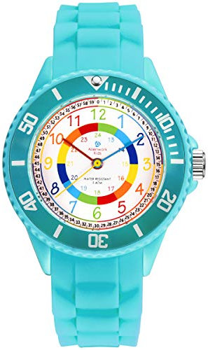 Alienwork Kids Lernuhr Kinderuhr Mädchen Uhrzeit Lernen Türkis Silikon-Armband Mehrfarbig Kinder-Uhr Wasserdicht 5 ATM Zeit Lernen