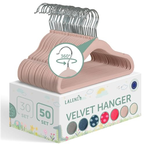 Blumtal Kinderkleiderbügel 50 Stück mit Samtbezug - 360° drehbare Kinder Kleiderbügel - platzsparend und robust - Baby Kleiderbügel rutschfest - Puderrosa