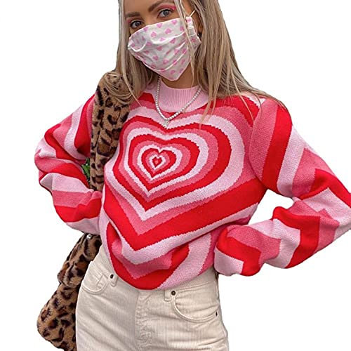 Damen Sweatshirt Strickpullover mit Herz Muster Y2K Stil Fashion Langarmshirts 90er Jahre Strickpulli Longshirts Oberteile Jumper Tops Herbst und Winter Warm Pulli Mode Streetwear