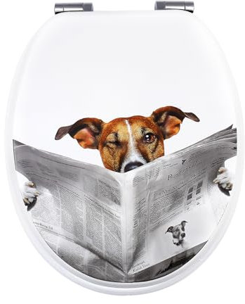 Fanmitrk Toilettendeckel, WC Sitz mit Absenkautomatik, Klobrille aus Holz, Klodeckel mit Motiv, Toilettensitz Einfache Montage (Hund)