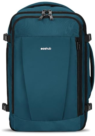 ECOHUB Easyjet Cabin Bag 45x36x20 Underseat Backpack Travel Rucksack 13 Pocket Hand Luggage Recycled Carry On Bag for Women & Men 30L BlueGreen