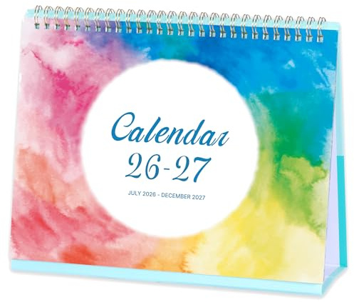 Calendrier 2026-2027 – Calendrier de bureau 2026-2027 Royaume-Uni, calendrier de 18 mois de juillet 2026 à décembre 2027, 25,4 x 21,1 cm, pages mémo – Encre aquarelle arc-en-ciel