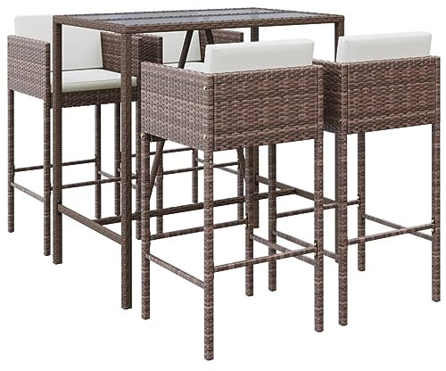 vidaXL Gartenbar Set 5-TLG., Gartenmöbel Bartisch 4 Barstühle, Stehtisch Barhocker für Garten Terrasse, Sitzgruppe Gartenset mit Kissen, Braun Poly Rattan