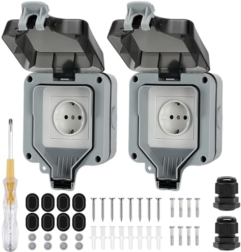 Aussensteckdose Wasserdicht, 2 Stück Outdoor Steckdose, IP66 Gartensteckdose, Wasserdichte Steckdose mit Schalter Kontrollleuchte und Klappdeckel, für Aussenbereich, Feuchtraum, Schwimmbad, Gärten
