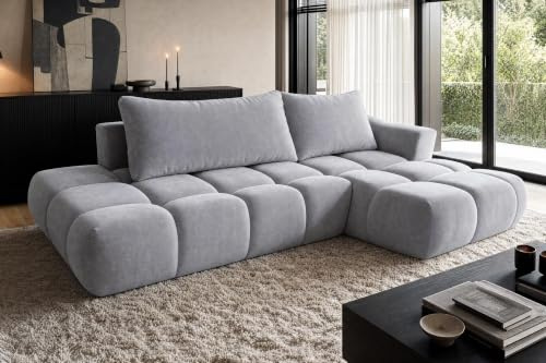 COMFORTINO FURNITURE Ecksofa mit Schlaffunktion Luna L-Form, Sofa Couch mit Bettkasten, 3-Sitzer Eckcouch, Schlafsofa für Wohnzimmer, Big Sofa Couch mit Schlaffunktion (Hellgrau, Ottomane Rechts)