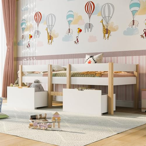 TIZZ Bett Kinderbett,mit Schublade und Rausfallschutz, Kiefer-Vollholz,Weiß & Eiche (90x200cm)
