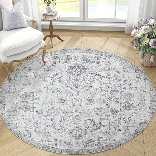 TOPICK Kleiner Runder Teppich Wohnzimmer Waschbar Kurzflor Retro Teppich Grau Blumen Antibakterieller Faltbar Weich rutschfest Teppich Schlafzimmer Kinderzimmer Wohnzimmer Flur Badezimmer 150cm Rund
