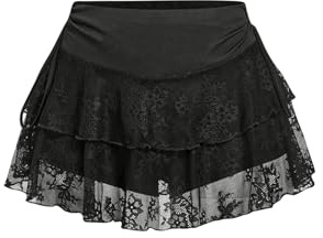 GORGLITTER Damkjol sommar mini spetskjol flera lager sommarkjol spets byxkjol en linje korta kjolar kort festkjol fritidskjol Y2K kläder, svart, XS