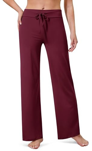 VALANDY Creamlush - Pantaloni a gamba larga da donna, con coulisse, pigiama, comodi, casual, per yoga, Borgogna, L