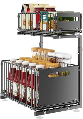HUOLE Rangement sous Évier en Métal avec Tiroir de Rangement Coulissant Étagère sous Évier Organiseur pour Cuisine et Salle de Bain Acier au Carbone -26,5 x 38 x 48,5 cm (noir)