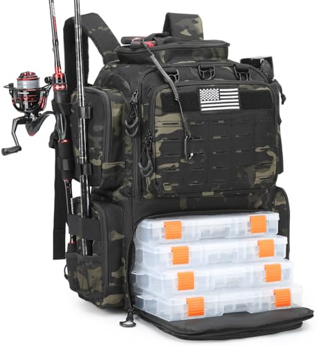 BISKLNDN Tactical Fishing Tackle Backpack with Tackle Boxes, Rod Holders, Bottle Holder, 50 L Large Insulated Fishing Backpack Tackle Box with Cooler, Fishing Bag Store Gear & Equipment, Black CM