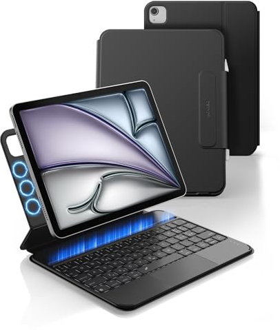 Dexnor Custodia Tastiera per iPad Air 11 M3/M2 (2025/2024), iPad Air 5a/4a Gen 10,9 (2022/2020), iPad Pro 11 4a/3a/2a/1a, Italiano ‎QWERTY con Magnetico Staccabile Trackpad Illuminato, Nero