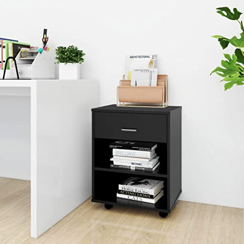 Runheo Rollschrank Schwarz 46x36x59 cm, Holzwerkstoff, Mobiler Aufbewahrungsschrank mit Rollen, Bürocontainer für Drucker und Zubehör, vielseitig einsetzbar