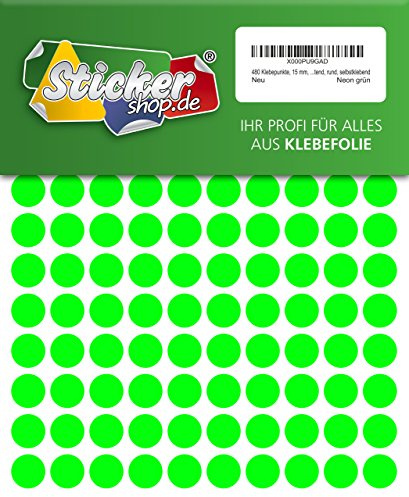 480 Klebepunkte, 15 mm, Markierungspunkte, Punkt, PVC, Vinyl, Folie, Neon, grün, leuchtend, rund, selbstklebend