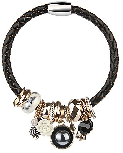 Cheerlife Damen Wickelarmband mit Perlen Blumen Strass Anhänger Flechtarmband Magnetverschluss Armband (Schwarz)