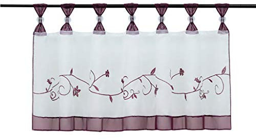 HongYa Bestickte Scheibengardine transparenter Voile Bistrogardine mit Schlaufen H/B 45/90 cm Beere