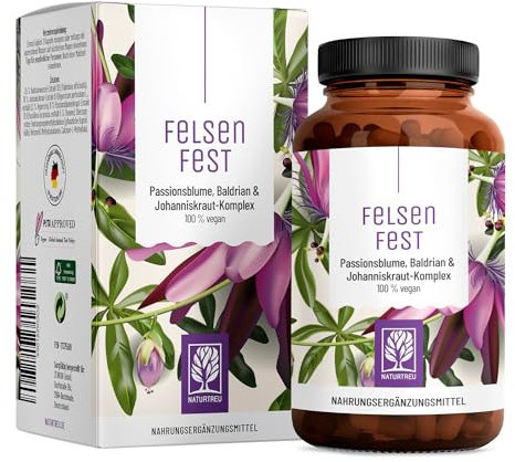 FELSENFEST - Johanniskraut Baldrian Passionsblume Kapseln hochdosiert - Vergleichssieger * - St Johns Wort mit Folsäure & B12 - Vegan - 90 Kapseln