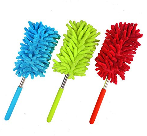 DERAYEE 3 Pack Extendable Microfiber Duster, Microfibre Dusting Hand Brush with Telescoping Pole Washable Duster Head for Home Office Car