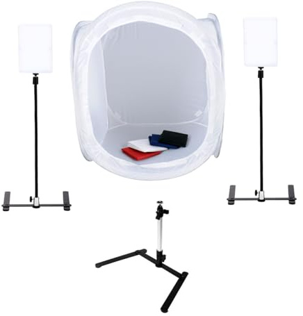 Bresser BR 2820L Lichtzelt 60 cm mit LED Beleuchtung für Produktfotos | 2 LED Lampen mit 20 W und 2100 Lumen, 5500 K Tageslicht, 4 Hintergründe, Kamerastativ, reflexionsarme Aufnahmen