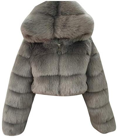 Damen Winter Elegant Kurz Faux Fox Pelzjacke Pelzmantel Langarm Gefälle Parka Cardigan Mantel Kunstfell Jacke Kapuzenjacke Grau L