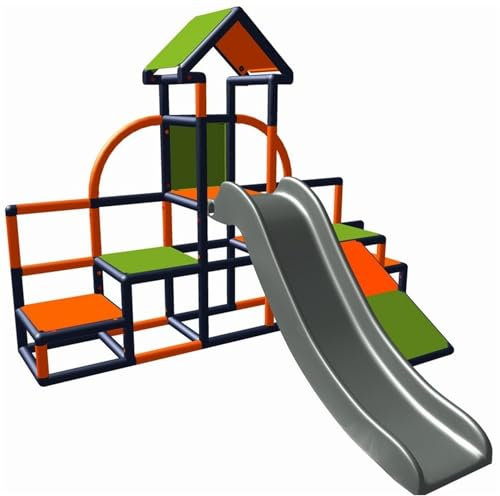 move and stic - Charlin Spielturm mit Rutsche und Schräge für den Garten oder das Kinderzimmer apfelgrün-orange-titangrau