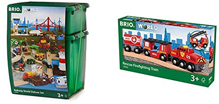 BRIO Bahn 33766 - Großes Premium Set in Kunststoffboxen & World 33844 Feuerwehr-Löschzug – Feuerwehrzug mit Feuerwehrschlauch und Wassertank – Kleinkindspielzeug empfohlen ab 3 Jahren