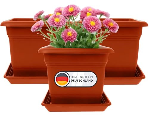 2friends 3er Set - Eckige Pflanzkübel mit Untersetzer, 28x28 cm, Übertopf Groß, Hochwertiger Blumentopf & Blumenkasten, Terracotta - Made in German