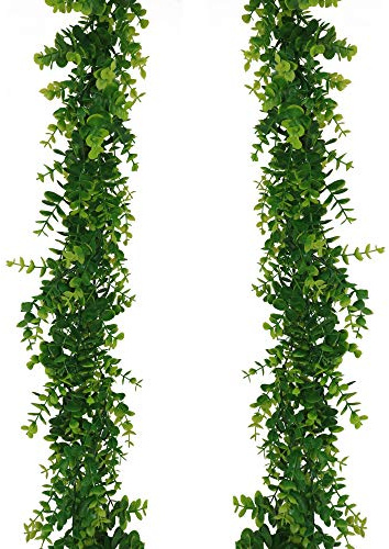 GraduationMall Faux Eucalyptus Garland Plant,2 Pack 12ft Artificial Foliage Fake Leaves,Leaf Stems Greenery Garland for Wedding Party Home Decor