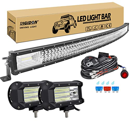 RIGIDON 52 Zoll 130 cm 675W gebogene led lichtleiste mit 12v kabelbaum kit, 2x 5 zoll 135W Flood led arbeitsscheinwerfer, Wasserdicht warmweiß offroad beleuchtung für Auto Offroad LKW KFZ Traktor 4x4