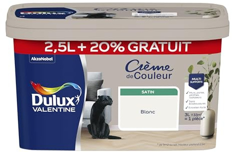 Dulux Valentine Crème de Couleur - Peinture multi-supports intérieure - Satin Blanc 2,5 L + 20% gratuit