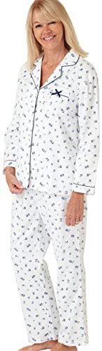 Marlon Womens Blanche Printed Brushed Cotton Piped Revere Collar Pyjama, Nina Ocean Blue, 20-22