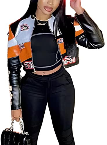 VOIKERDR Leather Jacket Zipper Moto Biker Short Bomber Jacket Women Faux Leather Jacket