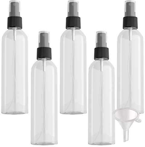 PQPAUTY 5 Stück Leere Transparent 250ml Kunststoff Sprühflasche mit Schwarz Zerstäuber Flasche, Tragbar Feinen Nebel Pumpzerstäuber Zerstäuberflasche Parfümzerstäuber Reise Flakons, 1x Trichter