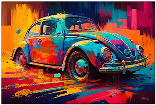 PRINTONIA Leinwandbild 120x80cm Volkswagen VW Käfer Oldtimer Abstrakt Art Automobil Bilder Deko Dekoration Wandbild Kunstdruck