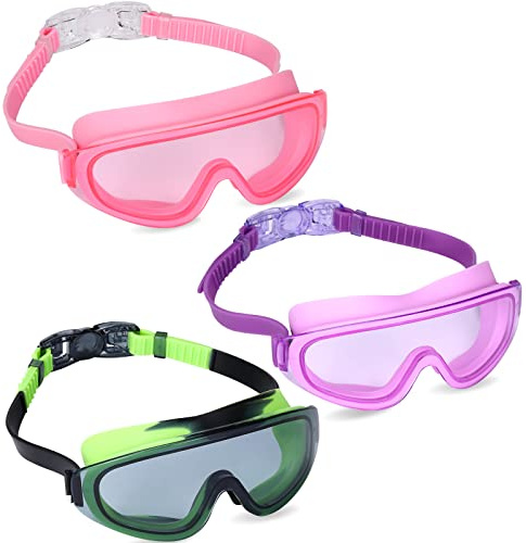 Yizerel 3 Pack Kids Swim Goggles, Swimming Glasses with One-Piece Wide Vision Lens for Children and Early Teens from 3 to 15 Years Old, Anti-Fog, Waterproof, UV Protection (Set of 3)