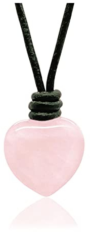arana's - Colgante de piedra natural en forma de corazon para mujer y hombre - Cordon de cuero genuino negro ajustable - Distintas Piedras Semipreciosas - Collar unisex (Cuarzo rosa)