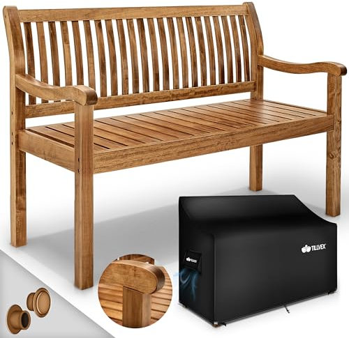 tillvex Gartenbank Holz 3-4 Sitzer inkl. Abdeckung wetterfest 150 cm | Parkbank Massivholz | Balkonbank Sitzbank 320 kg belastbar | Holzbank Gartenmöbel für Balkon, Terrasse & Garten