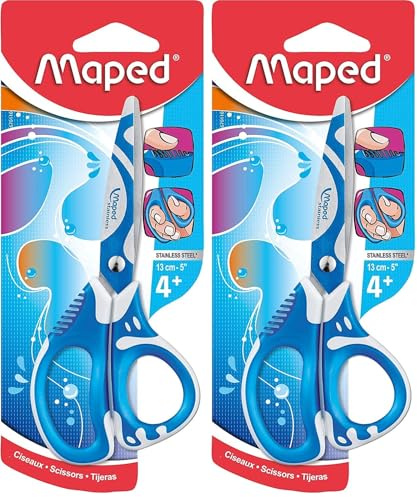 Maped - Bastel-Schere ZENOA FIT, 13 cm, ergonomische und asymetrische Griffe, abgerundete Spitze - blau, pink, orange (Packung mit 2)
