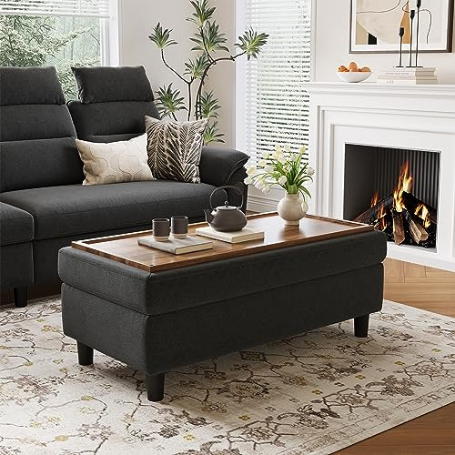 LINSY HOME 46 Inches Wide Storage Ottoman Bench, Linen Coffee Table Long Shoes Bench Footstool, Storage Chest, Foot Rest Stool, for The Living Room, Entryway and Family Room, Dark Gray