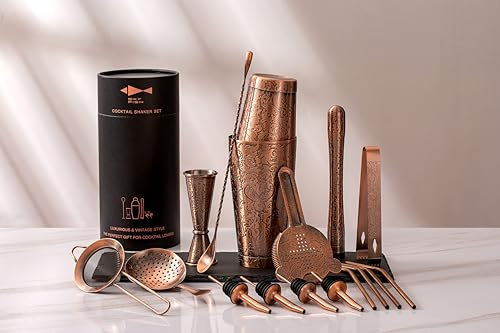 SKYFISH Boston Cocktail Shaker Set, 18-Piece Stainless Steel Cocktial Making Kit, 3D Embossed Design Bartender Set, Antique Copper