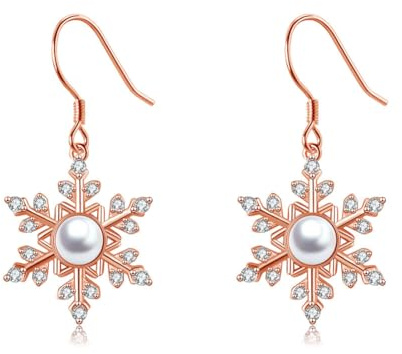 Deyanse Weihnachten Schmuckset für Damen, 925 Sterling Silber Schneeflocke Schmuck Set, 2 Stück Schnee Anhänger Halskette & Ohrringe mit Weiß Perle Zirkonia, Hypoallergen 45+5cm Silberkette Ohrringe