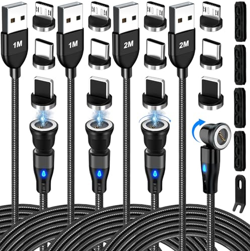 AXFEE Magnetisches USB-C-Ladegerät, 18 W, magnetisches Kabel, Schnellladung, 2 A, 360 ° drehbar und 180 °, 3 in 1 Datenübertragung, Magnetkabel für Micro USB/Typ C/iProdukte [1 m + 1 m + 2 m + 2 m]